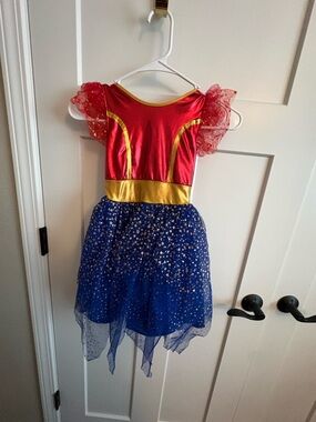 Wonder Woman Fit & Flare Tutu Dress - Red Metallic Bodice & Gold Star Skirt 4/5T